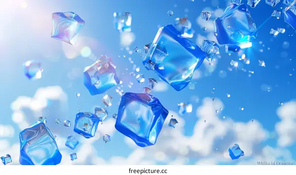 3D illustration of blue ice cubes falling from the sky