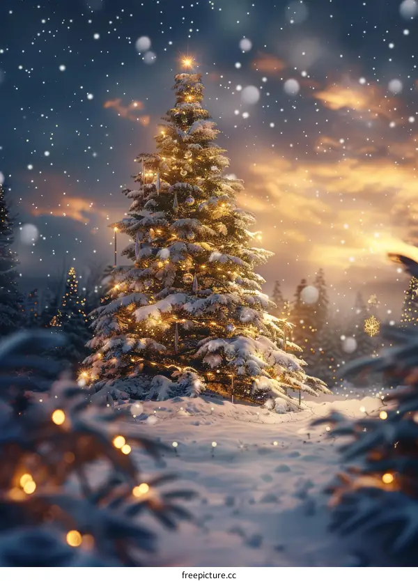 Christmas Tree Illuminated in Winter Wonderland