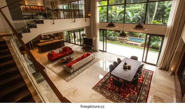 Modern Asian living room and dining area with tropical garden view