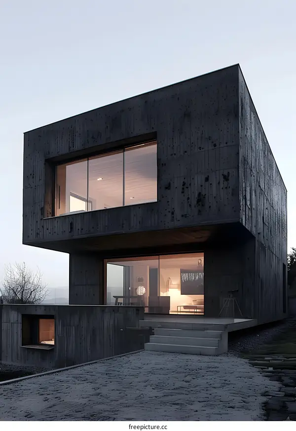 Modern Concrete House with Large Windows
