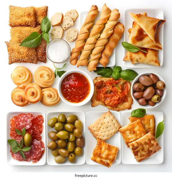 Top view of variety of Italian appetizers