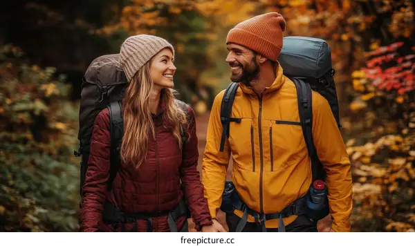 Couple Hiking in Autumn Forest