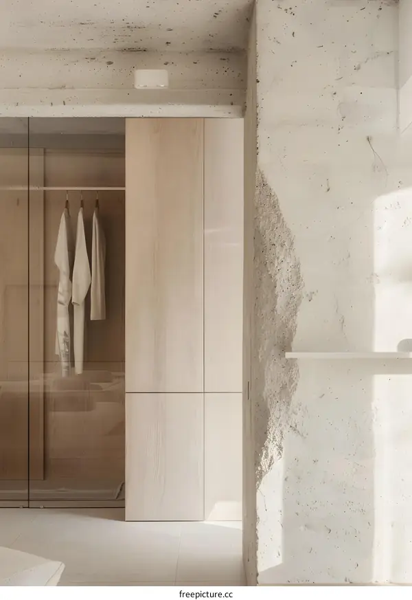 Minimalist Modern Wooden Closet Design with Concrete Wall