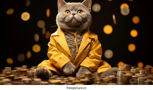 British shorthair cat wearing a suit and sitting on a pile of coins