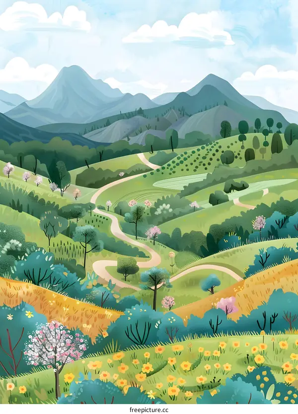 Winding Road through Green Hills and Mountains Landscape Illustration