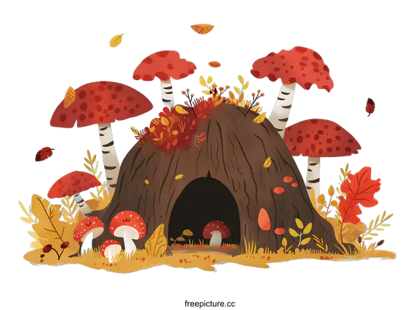 [Transparent Background PNG]Autumn Forest Mushroom Home Illustration