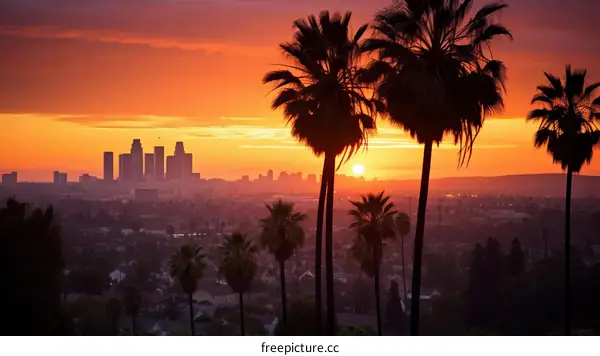Palm trees and cityscape at sunset