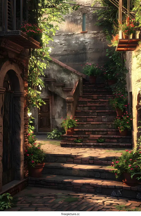 Stone Steps Leading To An Old Stone Building In A Garden