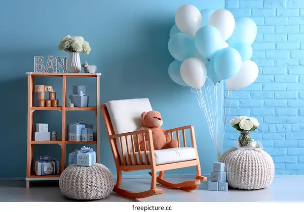 Baby Boy Room Decor with Light Blue Balloons and Gifts