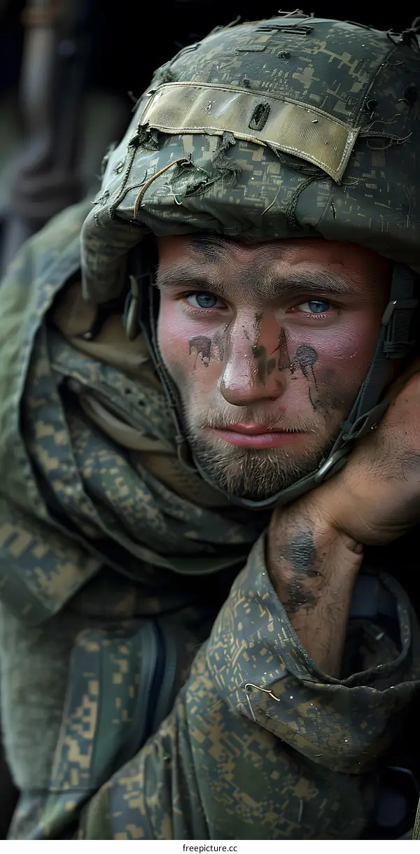 Portrait of a soldier wearing a camouflage helmet and uniform with a painted face