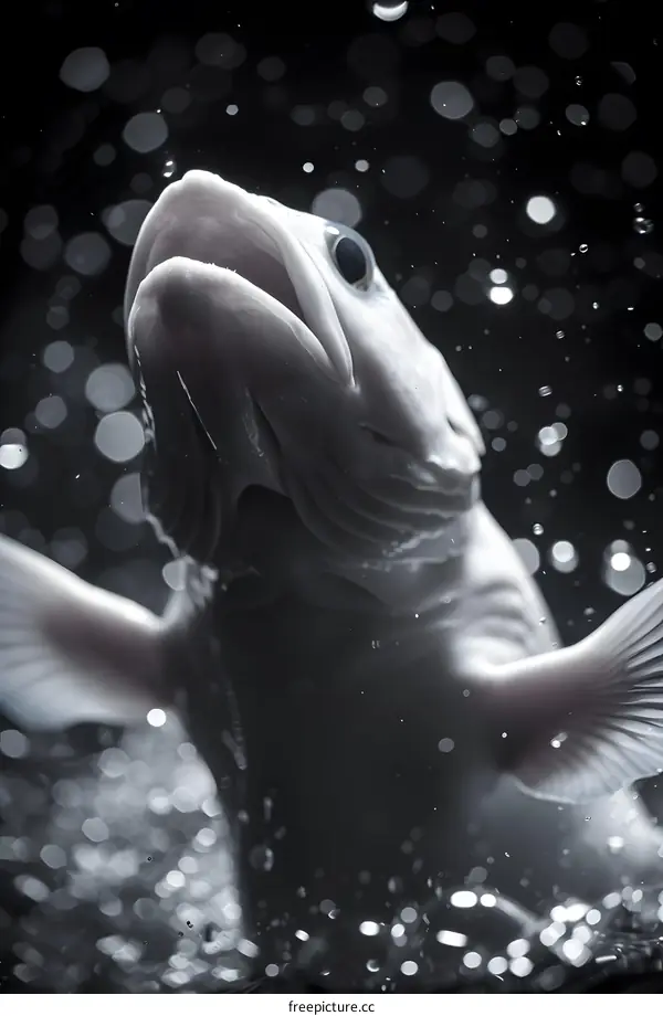 A fish is swimming in the dark water and looking up at the light