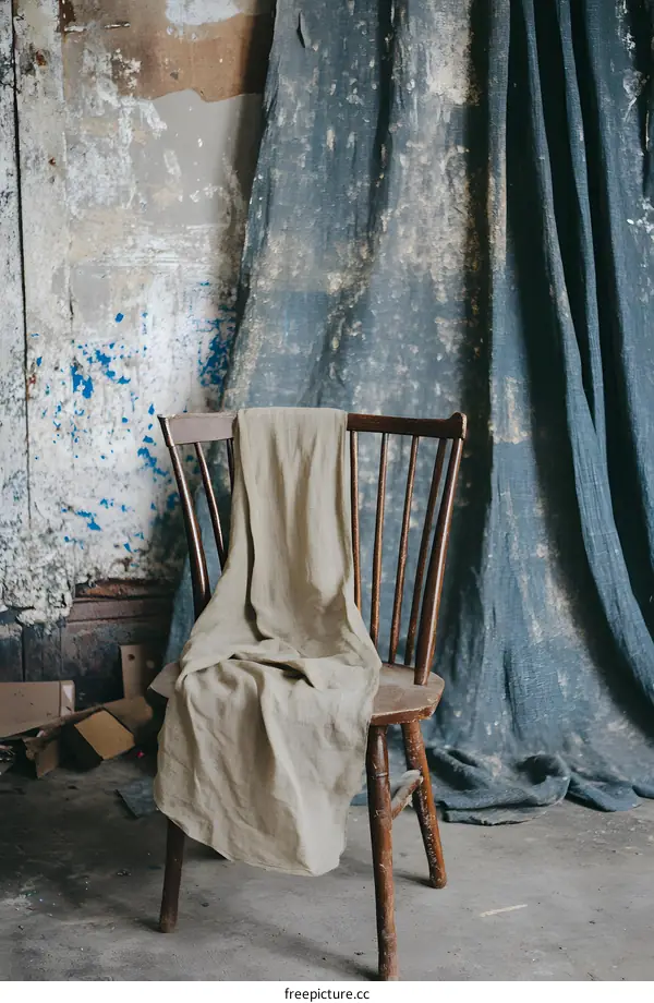 Old Chair with Fabric Draped Over It in Front of a Wall