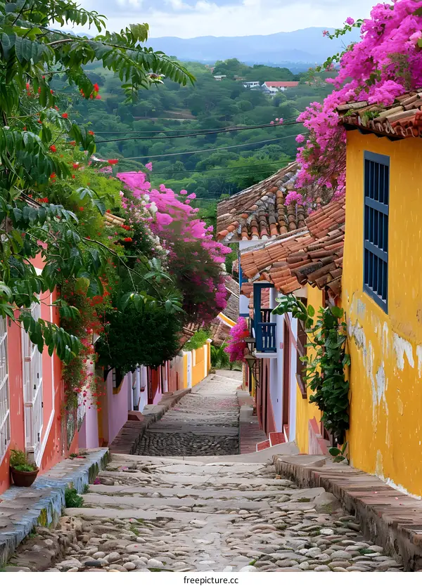Cobblestone Street with Colorful Buildings and Flowers