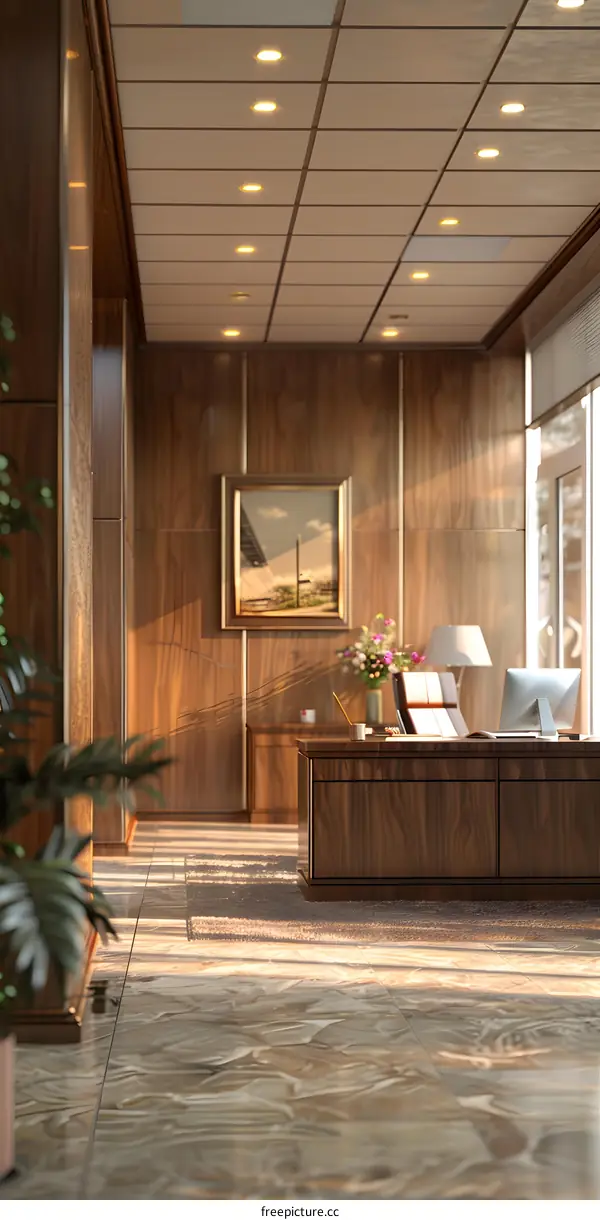 Office interior with sunlight and plants