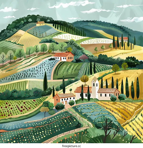 Colorful Illustration Of A Picturesque Italian Countryside