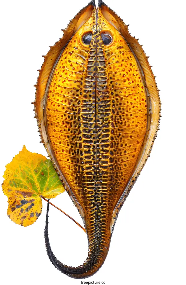 A yellow-brown leaf and a dried-up cicada shell on a white background