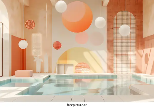 Minimalist Indoor Swimming Pool with Geometric Wall Art