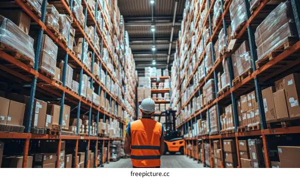 Warehouse worker in a warehouse full of shelves
