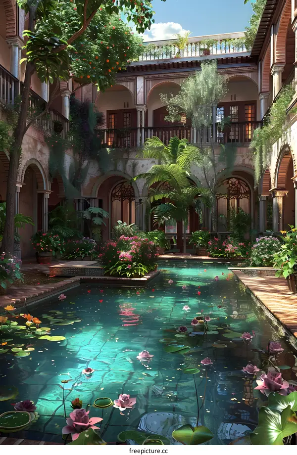 Mediterranean Style Courtyard with Pool and Lush Greenery