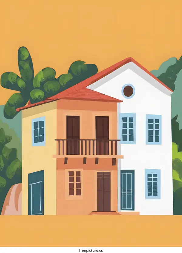 Illustration of Colorful Houses in Tropical Setting