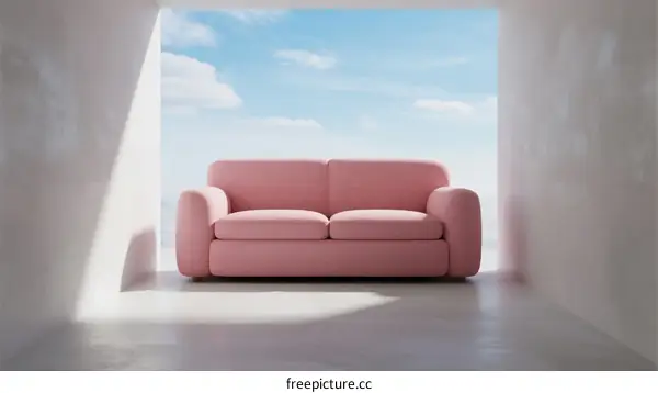 Pink sofa in bright room with large window overlooking sky