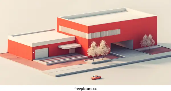 Minimalist Red Building with a Car and Trees