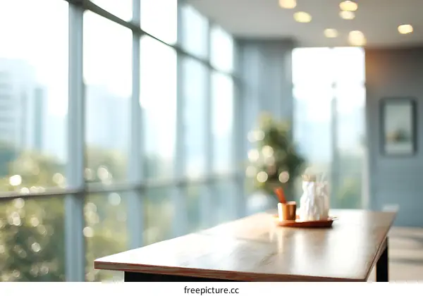 Modern Office Space with Large Windows and Wooden Table