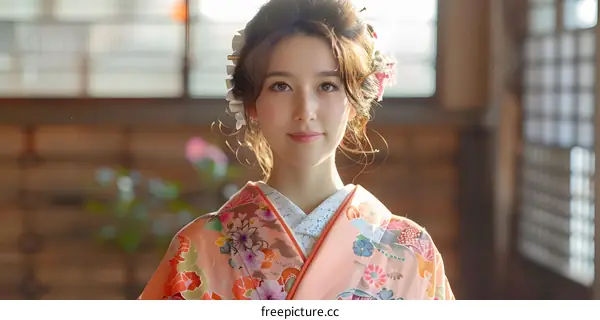 Portrait of a young Japanese woman in traditional kimono