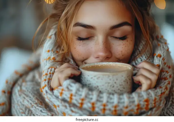 Young beautiful smiling woman drinking hot coffee or tea from a cup wrapped in a warm scarf