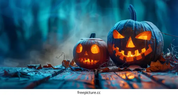 Spooky Pumpkins on a Wooden Table in a Dark Forest
