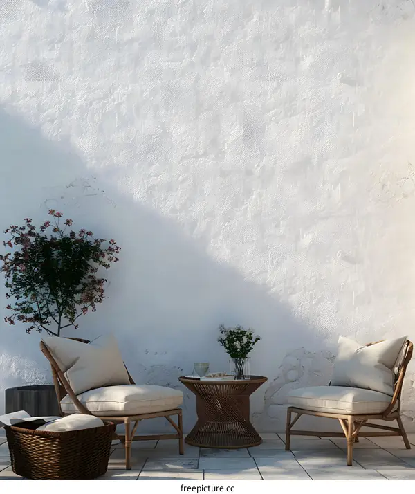 Minimalist Patio Design with White Wall and Wicker Furniture