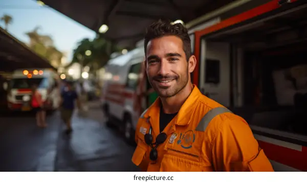 Portrait of a smiling male paramedic in front of an ambulance