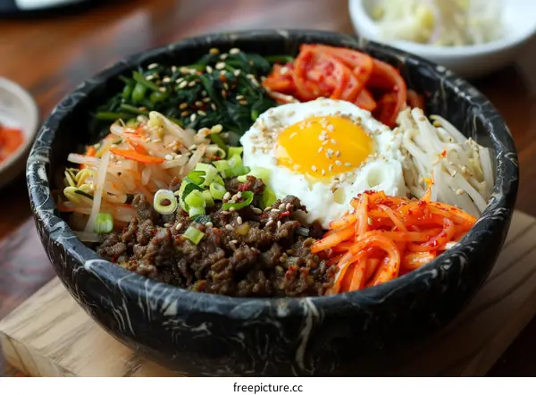Korean Bibimbap: A Colorful Rice Bowl with Egg and Side Dishes