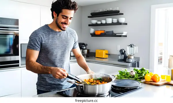 Man Cooking Healthy Food In Kitchen