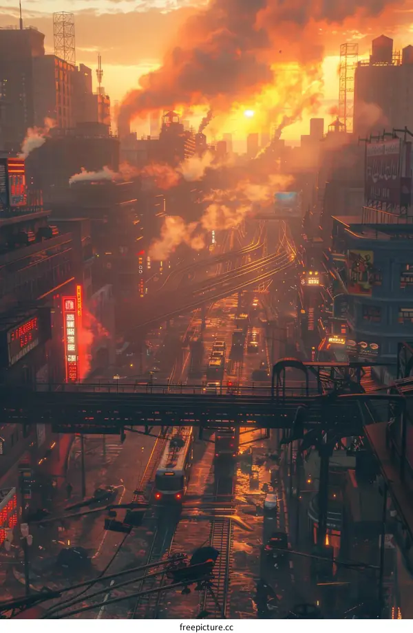 Sunrise over a Steampunk Cityscape