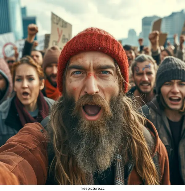 Crowd of protesters with a man with a beard in a red beanie in the center