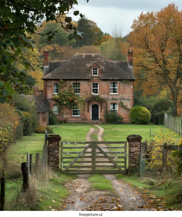 English Country House in Autumn Landscape
