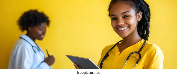 Smiling Black Woman Doctor Holding Digital Tablet