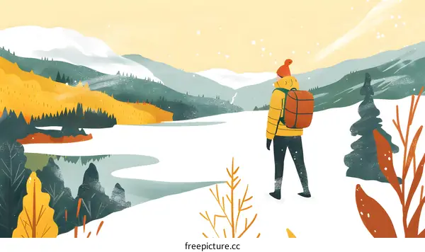 Winter Landscape Illustration With A Person Hiking