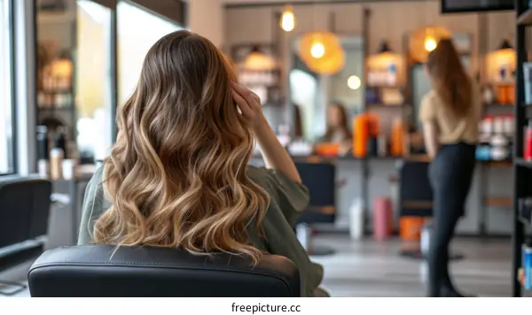 Woman sitting in a hair salon with her back to the camera