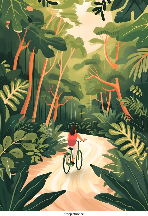 Woman Riding a Bike Through a Lush Forest