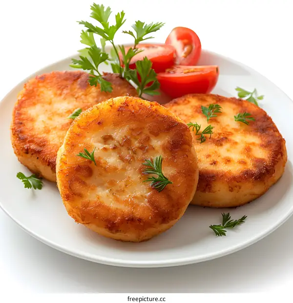 Potato pancakes with tomatoes and herbs on a white plate