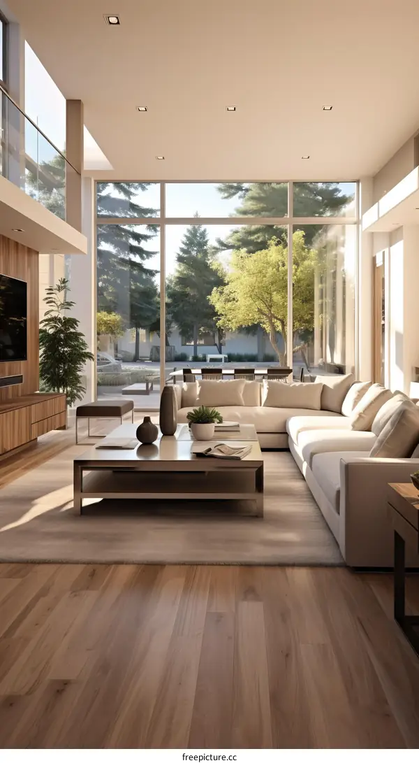 Modern Open Plan Living Room with Large Windows and Natural Light