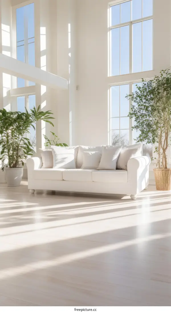 Elegant living room interior with white sofa and green plants