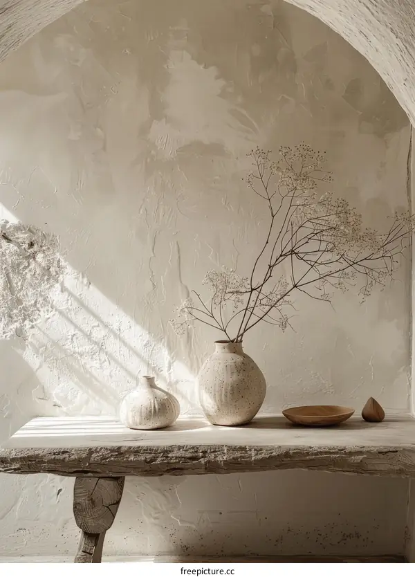 Ceramic vase with dried flowers on a wooden table