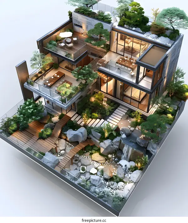 Modern House With Rooftop Garden And Waterfall