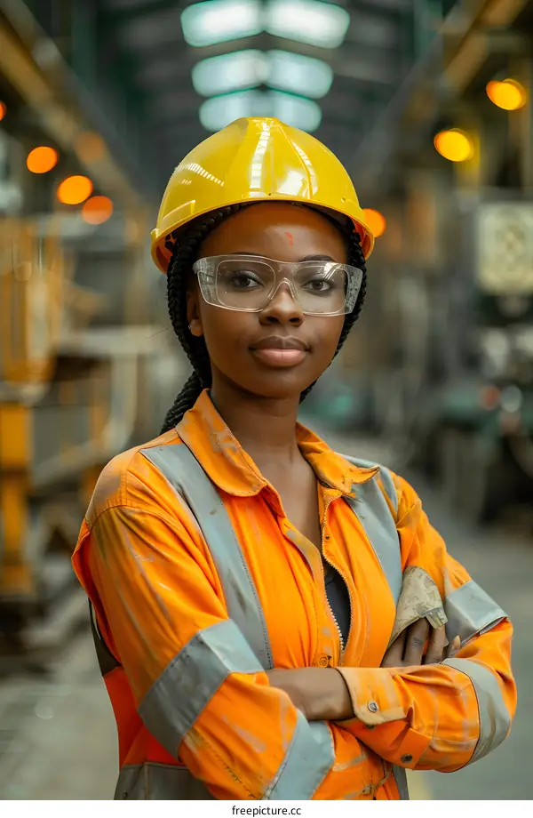 Portrait of a confident female engineer wearing safety gear in a factory