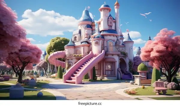 A pink and blue cartoon castle with a slide and a garden