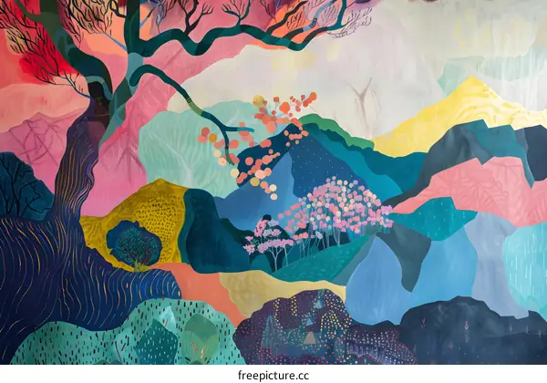 Abstract Landscape Painting With Mountains And Trees