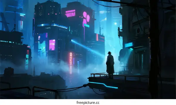 Silhouetted Figure Overlooking Futuristic Neon Cityscape at Night
